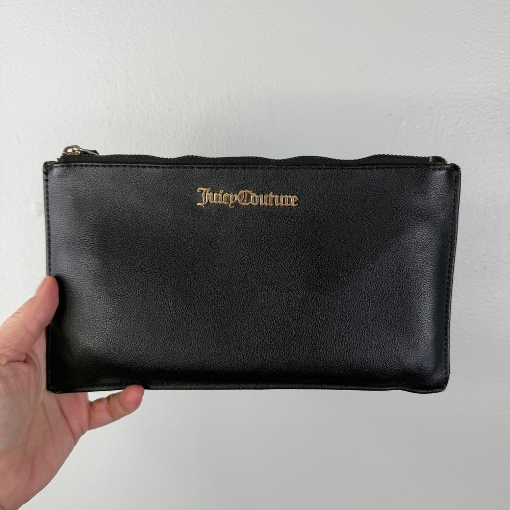 Juicy Couture Black Leather Clutch Wristlet Zip Pouch Y2K
